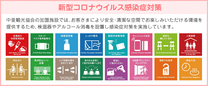 新型コロナウイルス感染症対策 - 中里観光協会の加盟施設では、お客さまにより安全・清潔な空間でお楽しみいただける環境を提供するため、検温器やアルコール消毒を設置し感染症対策を実施しています。